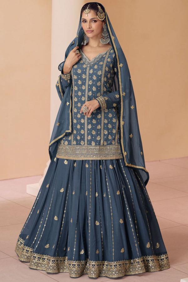 Stone Blue Real Georgette Designer Lehenga Kameez Suit - Our Desi Style - Sayuri blue - Georgette - salwar kameez