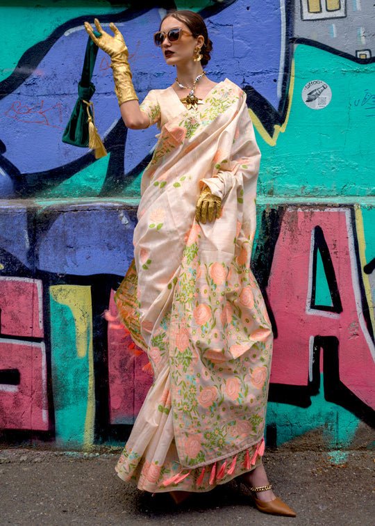 Cream White Floral Weaving Handloom Silk Banarasi Saree - Rajtex -