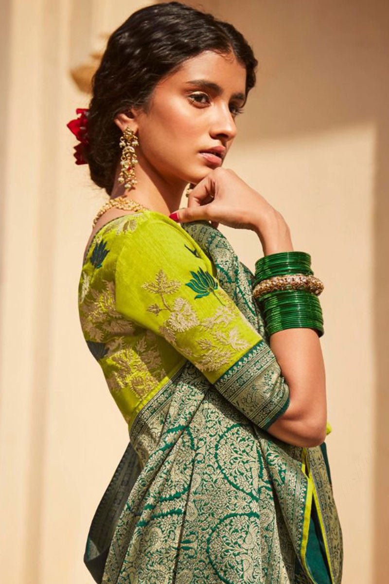 Dark Green Woven Pure Paithani Silk Saree - Kimora -