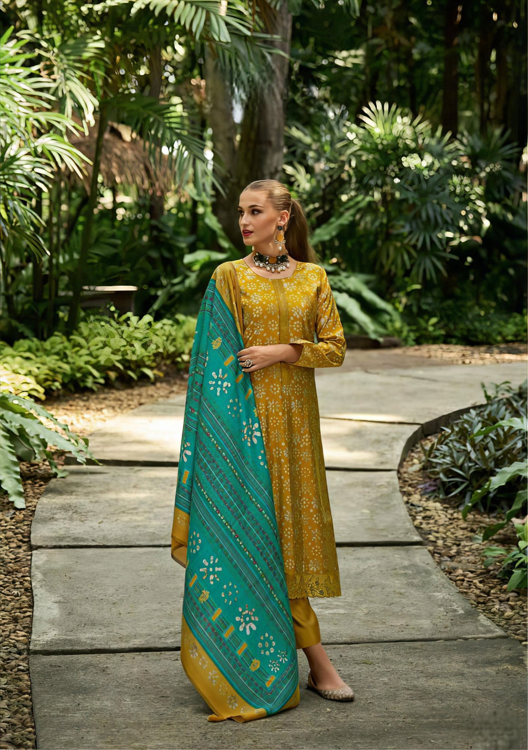 Gold Viscose Masleen Designer Salwar Kameez - Ibiza Batik -