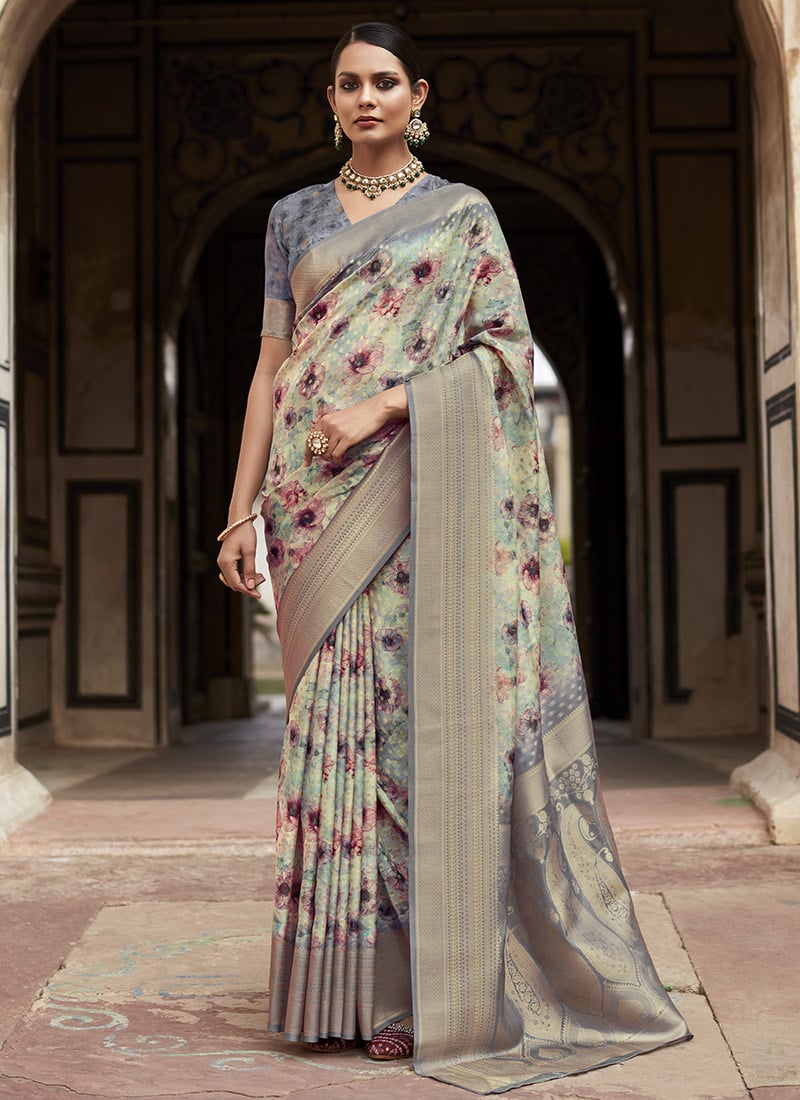 Grayish Blue Silk Casual Wear Silk Crepe Saree - Rajpath -