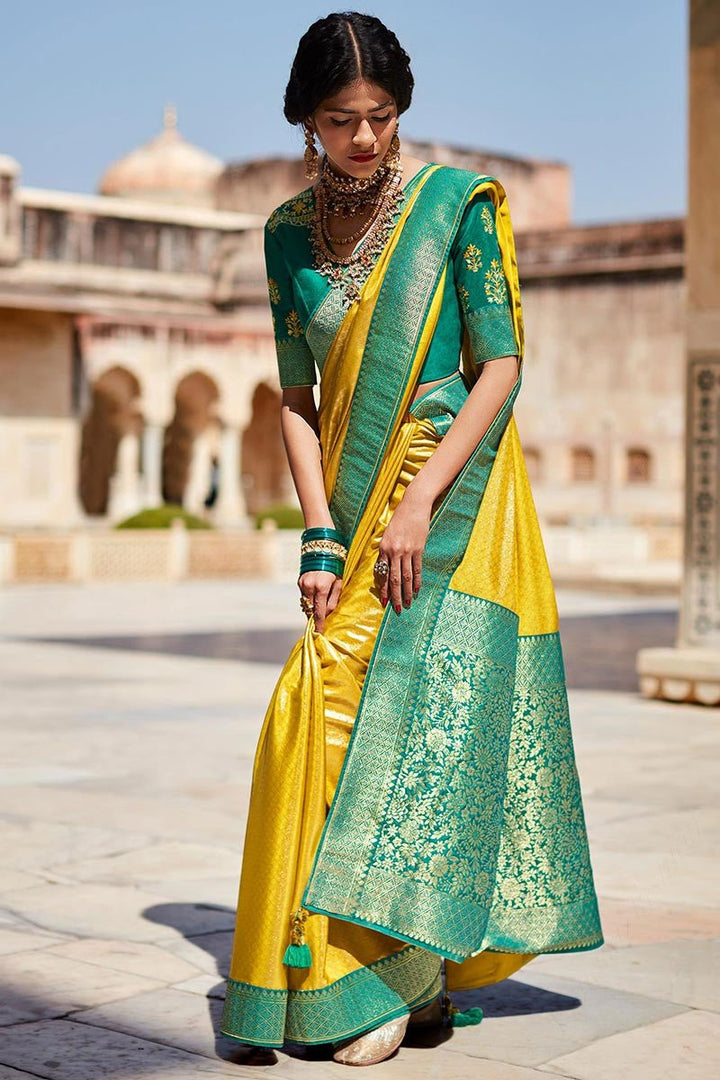 Green and Yellow Woven Pure Paithani Silk Saree - Kimora -