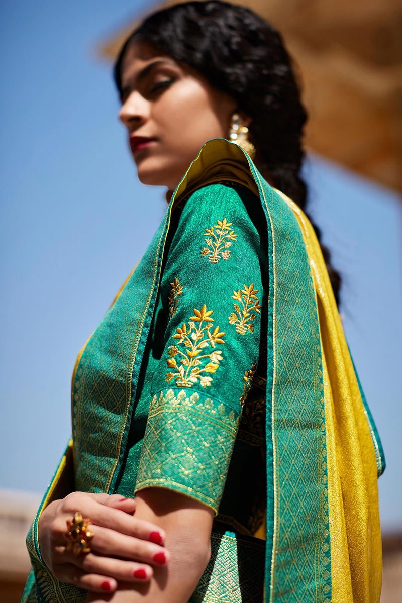 Green and Yellow Woven Pure Paithani Silk Saree - Kimora -