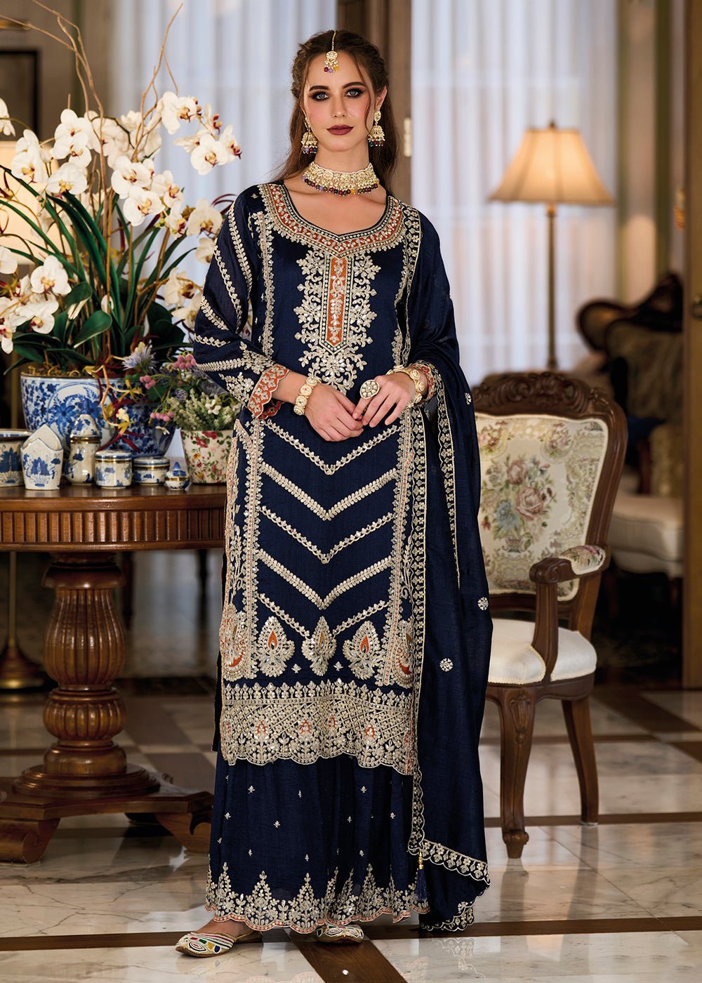 Navy Blue Premium Silk Embroidered Wedding Sharara Suit - Eba Lifestyle -