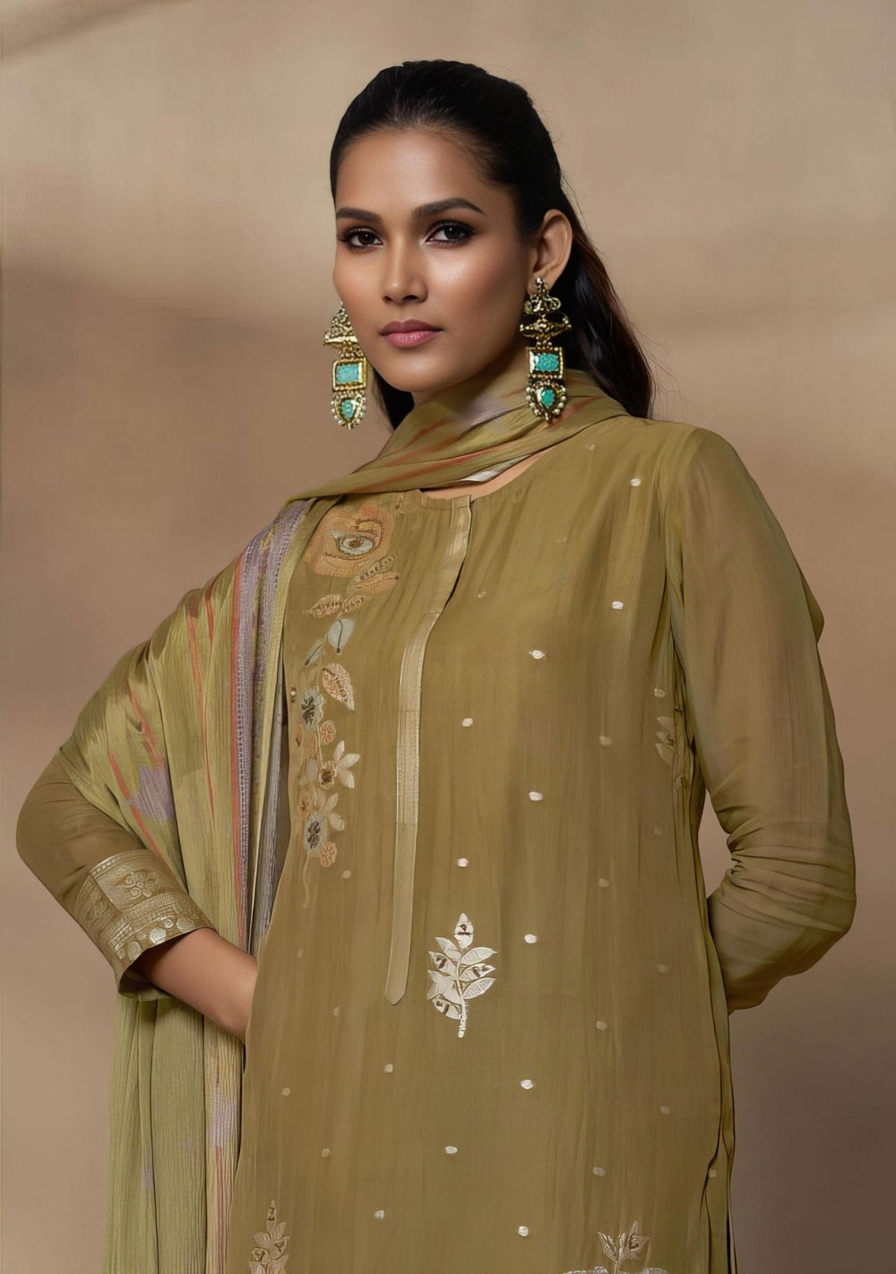 Olive Jacquard Salwar Suit - T&M Qala -