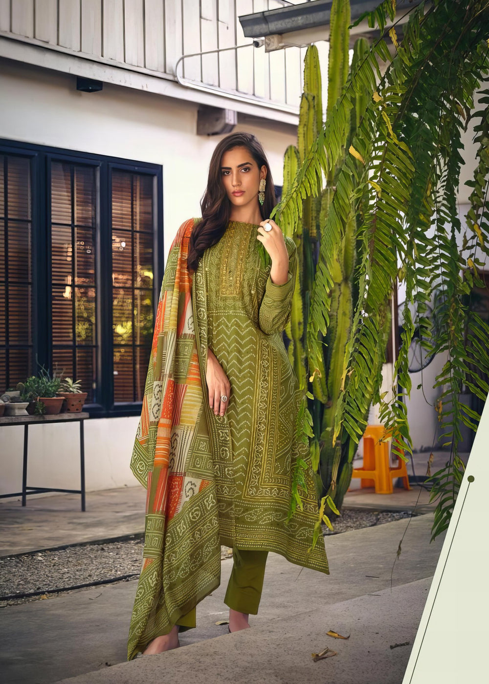 Olive Pure Muslin Silk Salwar Suit - Sadhana -