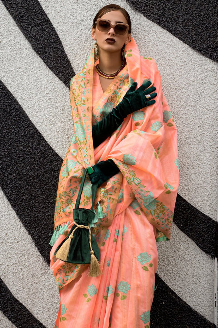 Peach Floral Weaving Handloom Banarasi Silk Saree - Rajtex -