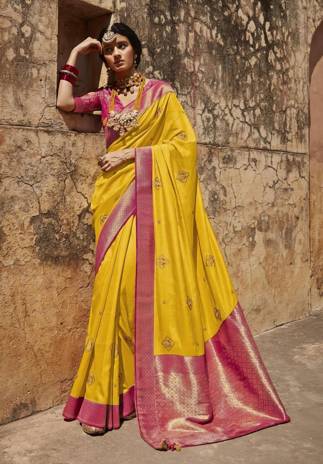 Pink and Yellow Woven Pure Paithani Silk Saree - Kimora -