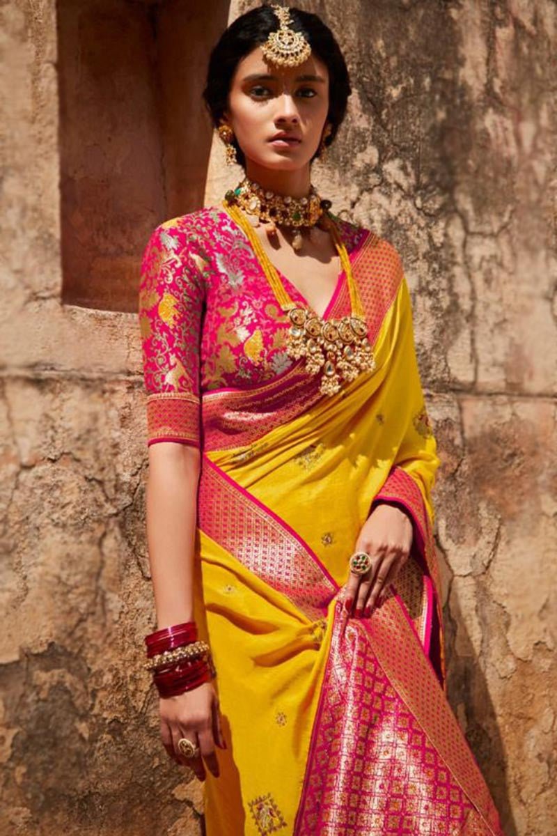 Pink and Yellow Woven Pure Paithani Silk Saree - Kimora -