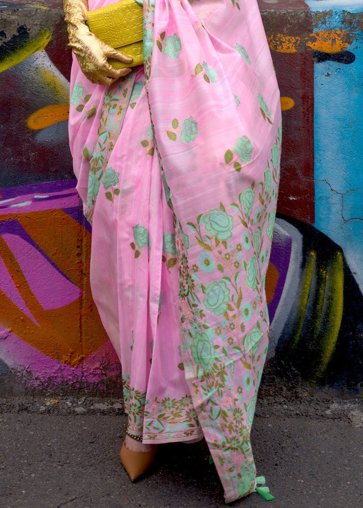 Pink Floral Weaving Handloom Banarasi Silk Saree - Rajtex -
