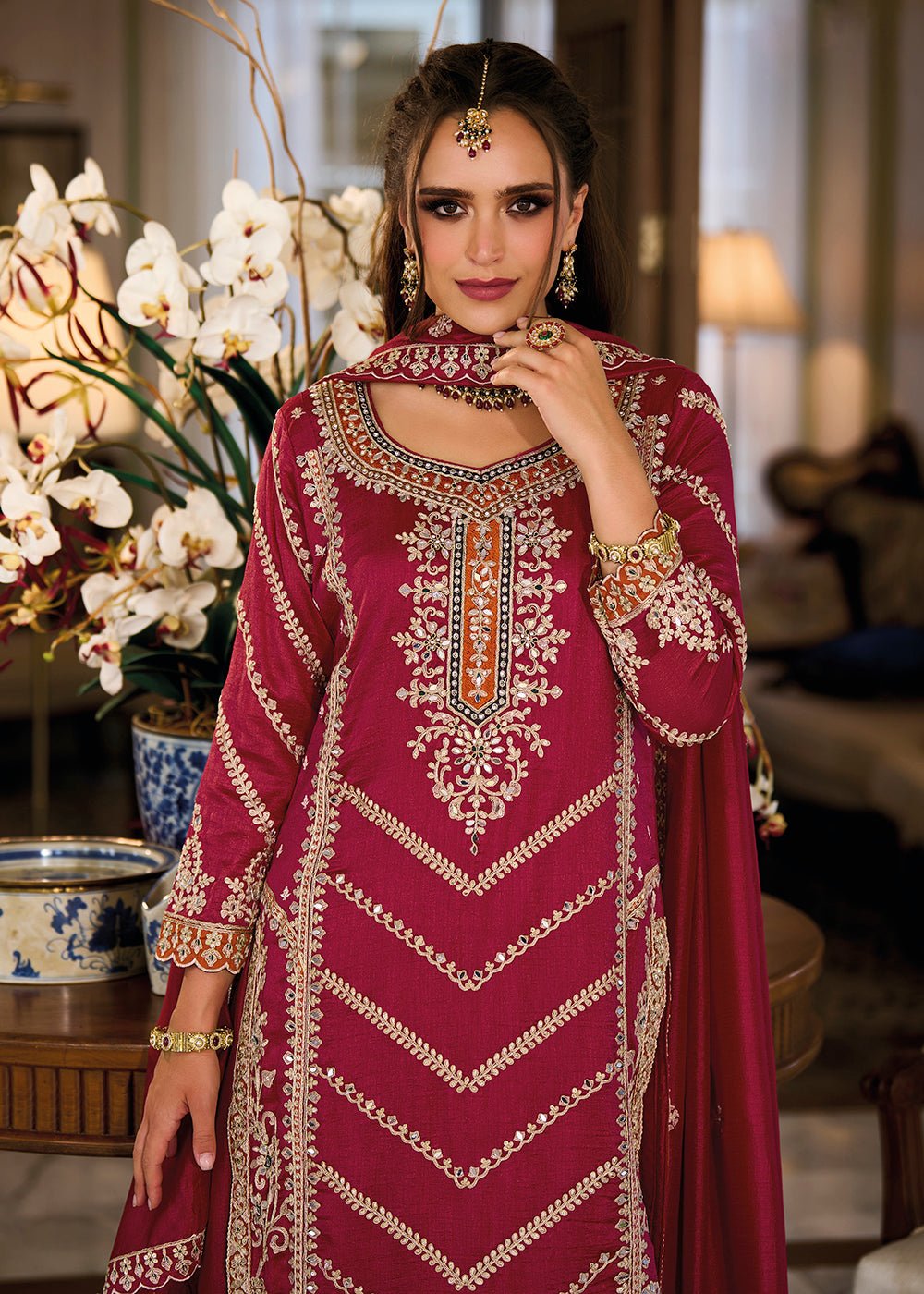 Red Premium Silk Embroidered Wedding Sharara Suit - Eba Lifestyle -