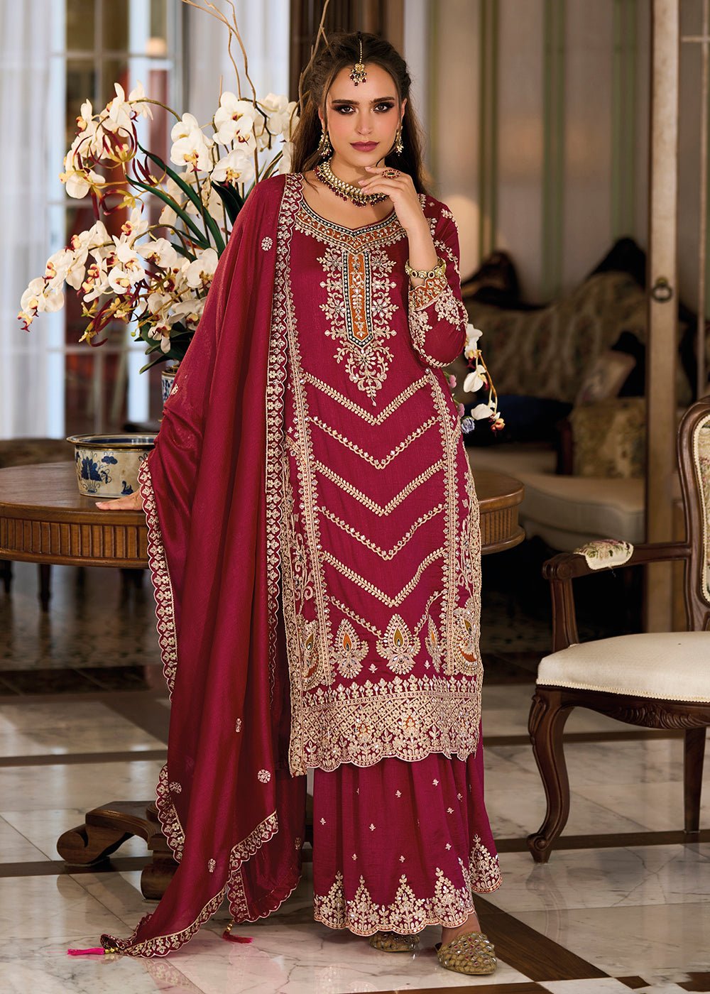 Red Premium Silk Embroidered Wedding Sharara Suit - Eba Lifestyle -