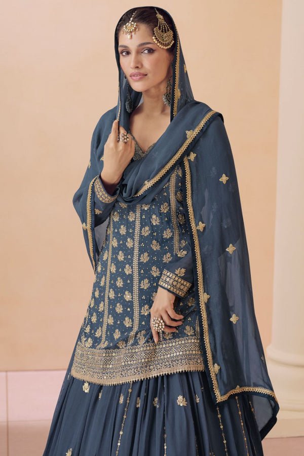 Stone Blue Real Georgette Designer Lehenga Kameez Suit - Our Desi Style - Sayuri blue - Georgette - salwar kameez
