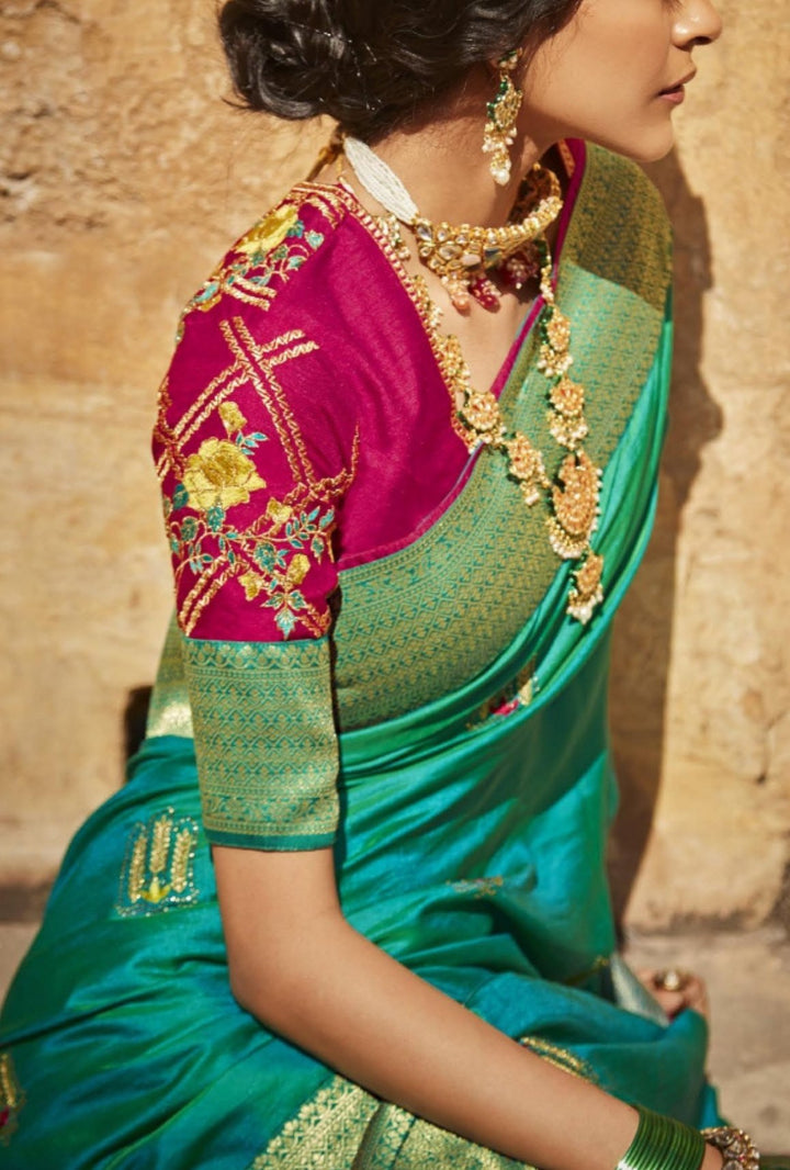 Turquoise Woven Pure Paithani Silk Saree - Kimora -