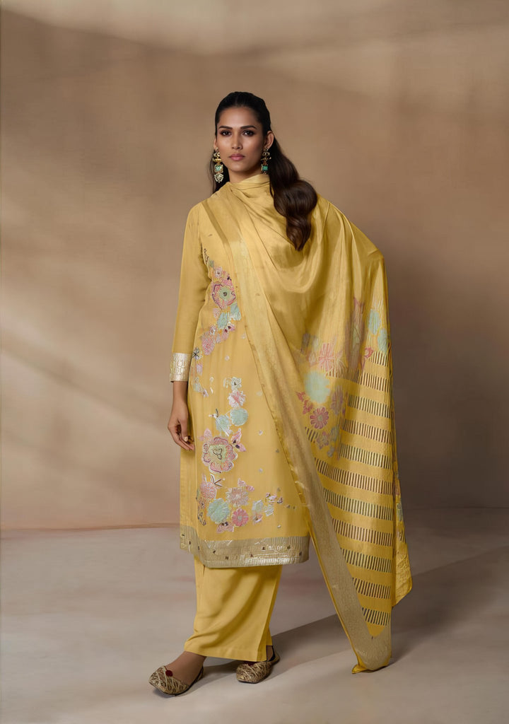 Yellow Jacquard Salwar Suit - T&M Qala -